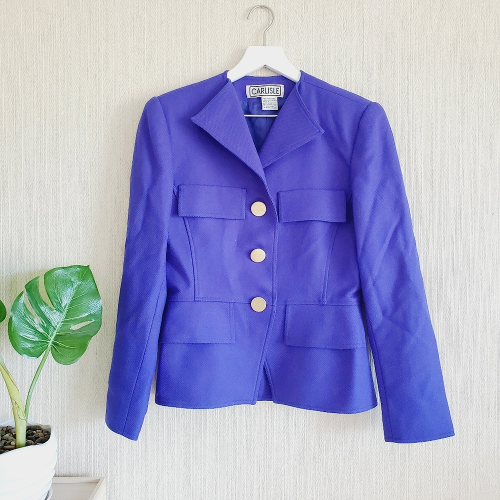 Vintage Wool Blue Purple Gold Buttons Blazer Jacket Women's